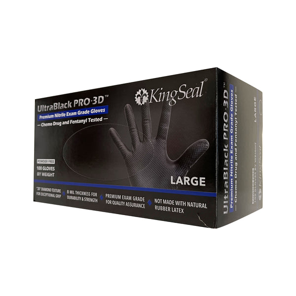 KingSeal UltraBlack PRO-3D Nitrile Exam Gloves, Raised Diamond Texture Grip, 8 MIL, Powder-Free, 8 Mil, Chemo & Fentanyl Tested
