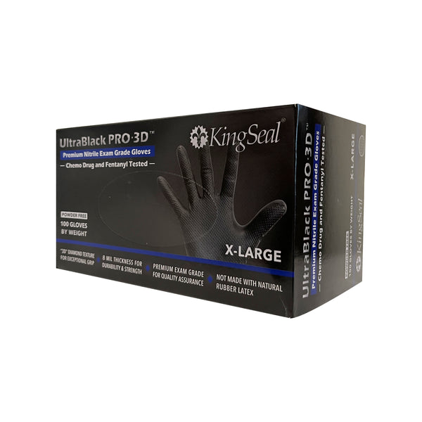 KingSeal UltraBlack PRO-3D Nitrile Exam Gloves, Raised Diamond Texture Grip, 8 MIL, Powder-Free, 8 Mil, Chemo & Fentanyl Tested
