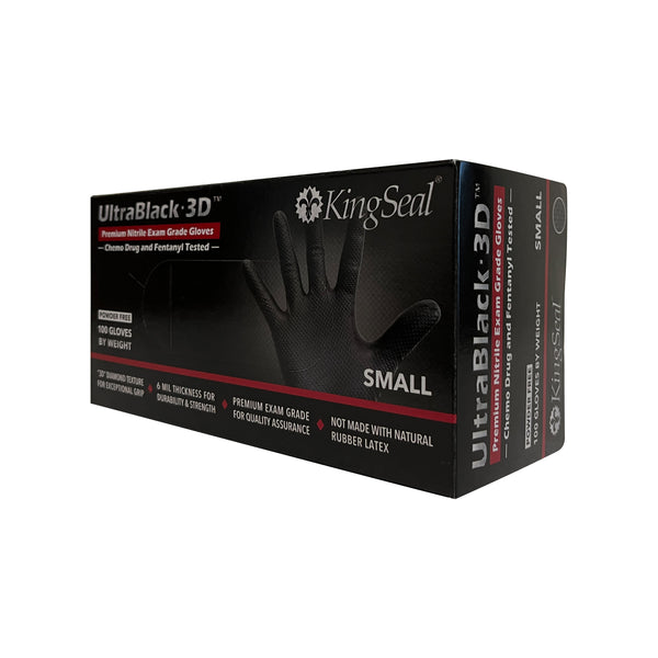 KingSeal UltraBlack-3D Nitrile Exam Gloves, Raised Diamond Texture Grip, 6 MIL, Powder-Free, Chemo & Fentanyl Tested
