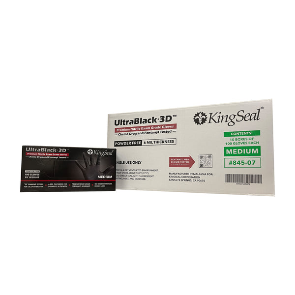 KingSeal UltraBlack-3D Nitrile Exam Gloves, Raised Diamond Texture Grip, 6 MIL, Powder-Free, Chemo & Fentanyl Tested