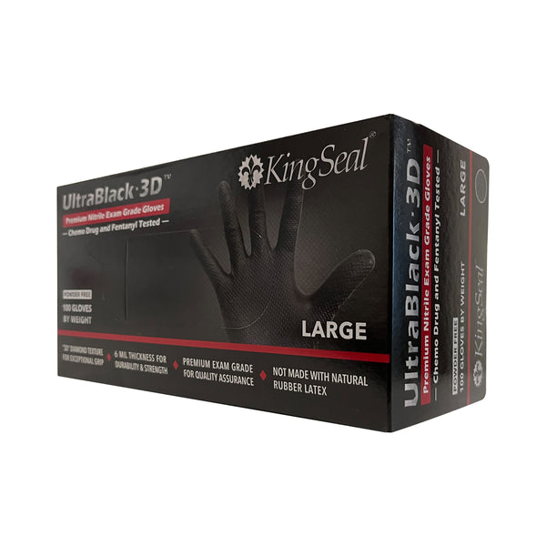 KingSeal UltraBlack-3D Nitrile Exam Gloves, Raised Diamond Texture Grip, 6 MIL, Powder-Free, Chemo & Fentanyl Tested
