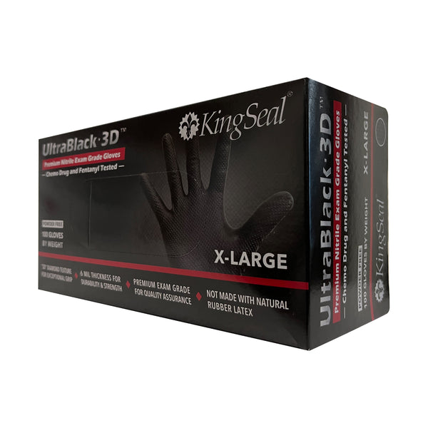 KingSeal UltraBlack-3D Nitrile Exam Gloves, Raised Diamond Texture Grip, 6 MIL, Powder-Free, Chemo & Fentanyl Tested