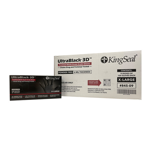 KingSeal UltraBlack-3D Nitrile Exam Gloves, Raised Diamond Texture Grip, 6 MIL, Powder-Free, Chemo & Fentanyl Tested