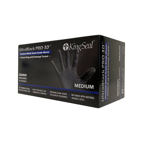 KingSeal UltraBlack PRO-3D Nitrile Exam Gloves, Raised Diamond Texture Grip, 8 MIL, Powder-Free, 8 Mil, Chemo & Fentanyl Tested