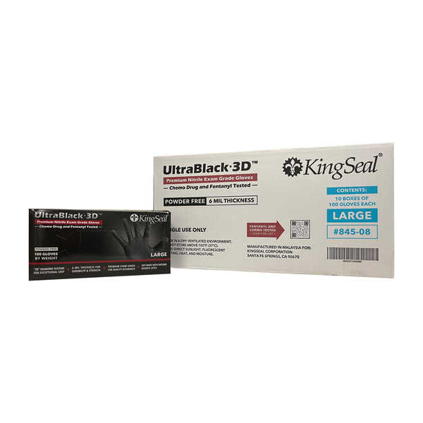 KingSeal UltraBlack-3D Nitrile Exam Gloves, Raised Diamond Texture Grip, 6 MIL, Powder-Free, Chemo & Fentanyl Tested